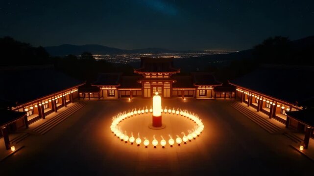 Aerial view of night?time Obon festival circle dance around central lantern pillar under starry sky in open courtyard in  Photo Stock  Concept  and empty space on the left side