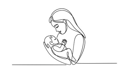 Obraz premium Continuous line drawing of mother holding baby tenderly with closed eyes and flowing hair infant child
