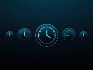 Digital Futuristic Clocks Displaying Time on a Dark Background with Blue Glowing Elements Representing Technology and Modernity