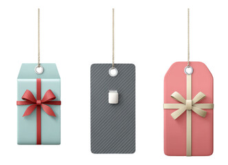 Isolated Gift Tags in Various Colors and Shapes with Ribbons on Transparent Background
