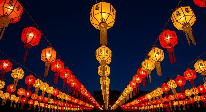 Rows of illuminated paper lanterns hanging from above against a dark, evening sky