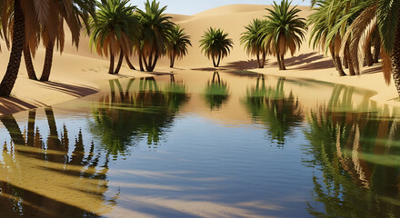 Obraz premium A serene oasis scene in the desert, featuring palm trees and a reflective pool of water.