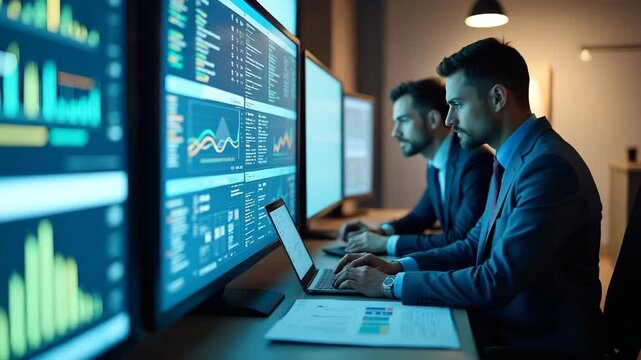 Government analysts assessing economic sanctions USA impact on commodity exports and evaluating enforcement mechanisms across international borders in  Photo Stock  Concept  and empty space on the lef