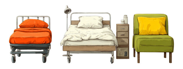Isolated Illustrations of Three Distinct Types of Beds and a Chair on Transparent Background