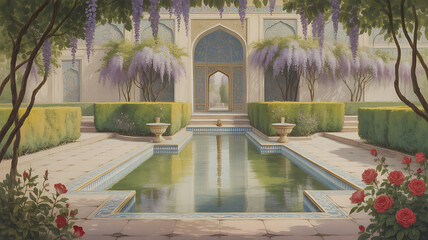 Royal Mughal-inspired watercolor composition of nature and architecture
