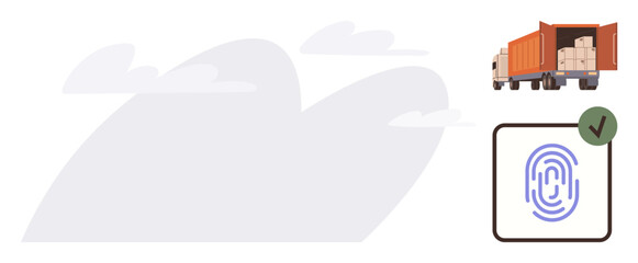 Cargo truck loaded with boxes alongside a verified digital fingerprint sign. Ideal for logistics, security, cargo tracking, shipping, digital verification, technology integration, reliable transport