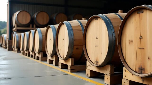 Rustic wooden wine barrels loaded onto export pallets at vineyard facility awaiting overseas shipment illustrating export logistics elegance in  Photo Stock  Concept  and empty space on the left side