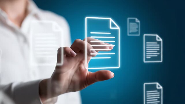 Closeup Of A Hand Holding A Glowing Digital Document Icon Against A Blue Gradient Background Representing Data Management Or Cloud Storage Technology