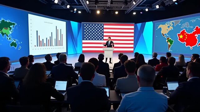 Economist outlining USA vs China tariffs effects on domestic manufacturing in interactive seminar with delegates viewing live data charts and country flags in  Photo Stock  Concept  and empty space on