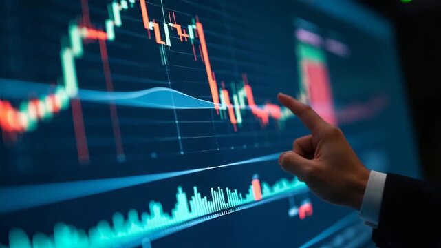 Financial analyst performing chart analysis bearish trend identification on multi?timeframe candlestick charts with technical indicator overlays for strategic decision making in  Photo Stock  Concept 