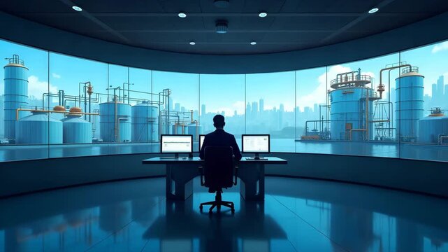 Engineered water treatment process illustrated by operator monitoring coagulation filtration sedimentation tanks in modern treatment facility control room in  Photo Stock  Concept  and empty space on 