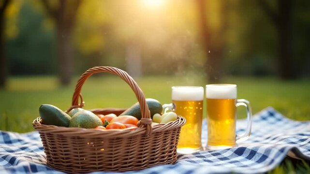Family enjoying relaxing afternoon on picnic blanket with wicker basket full of snacks and frosty beer mugs in sunny park setting for casual beer picnic blanket moment. in  Photo Stock  Concept  and e