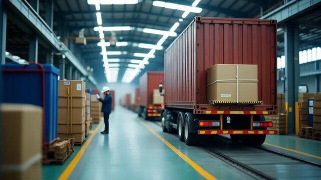 Chinese factory export scene depicting production line loading finished goods into export containers under quality control supervision industrial hub ambiance in  Photo Stock  Concept  and empty space