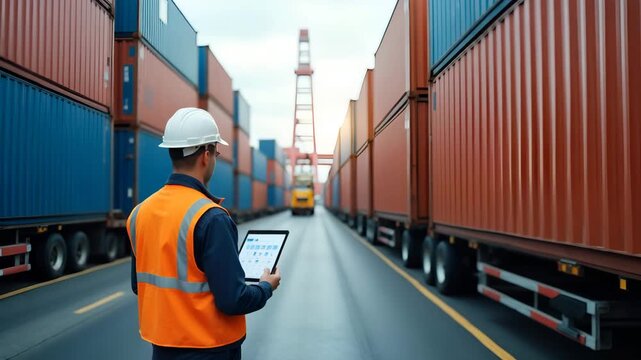 Logistics supervisor inspecting rows of shipping containers loaded on chassis trucks in port container terminal coordinating intermodal transfer operations with digital tracking systems in  Photo Stoc