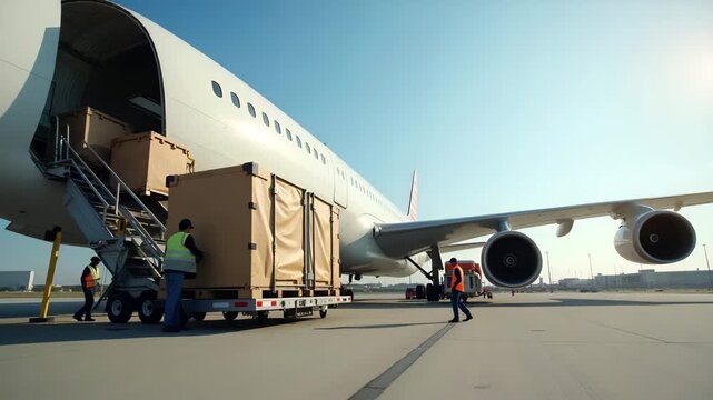 Goods in air transport being unloaded at a major international airport where cargo handlers are inspecting and preparing freight for final destination delivery in  Photo Stock  Concept  and empty spac