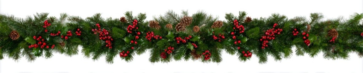 Christmas Garland with Pinecones and Red Berries on White Background.