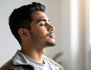 Portrait of a young man with dark hair and closed eyes, enjoying inner peace