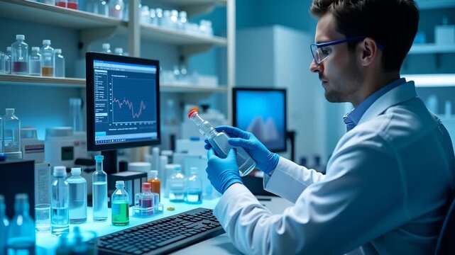 High definition photograph of analytical laboratory performing water analysis with gas chromatograph reagent bottles and data display screens in  Photo Stock  Concept  and empty space on the left side