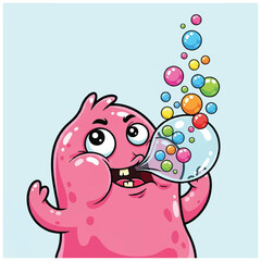 Cute pink monster blowing colorful bubbles cartoon illustration.
