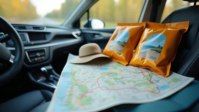 Close up of road trip essentials including map snacks travel guide and camera laid out on car dashboard with travel gear for planned vacation in  Photo Stock  Concept  and empty space on the left side