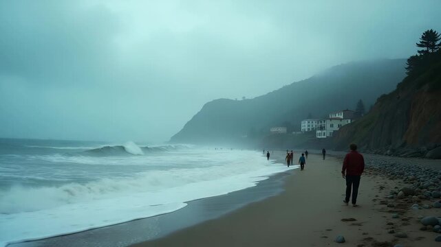 Emotive still of tragic wave moment with colossal water wall approaching coastal town and terrified residents desperately seeking higher ground in  Photo Stock  Concept  and empty space on the left si