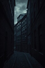 A Dark and Mysterious Alleyway in an Old European City Under a Gloomy Sky