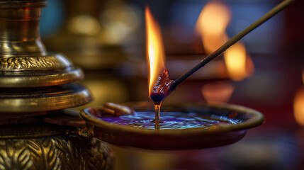 Close-up of sacred oil lamp flame being lit with matchstick during Karthigai Deepam festival ceremony