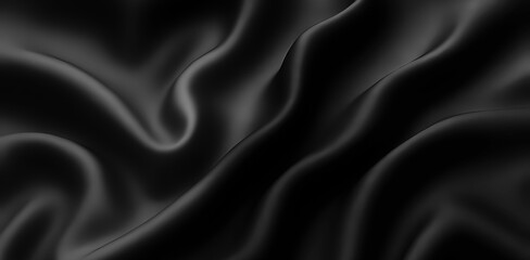 Elegant close-up of flowing black silk fabric with smooth, soft folds and subtle reflections. The luxurious texture and gentle lighting create a refined, sophisticated background ideal for design and 