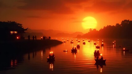 Majestic sunset Obon ritual scene silhouettes of worshippers releasing lantern boats upon river as sun dips below horizon honoring ancestral souls in  Photo Stock  Concept  and empty space on the left