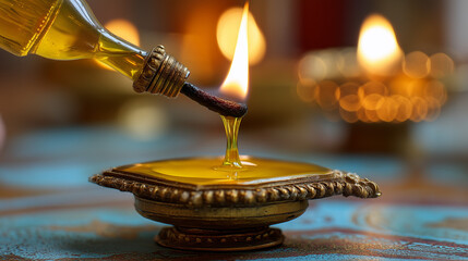 Traditional brass oil lamp lit with sacred flame during Karthigai Deepam festival of lights celebration in India