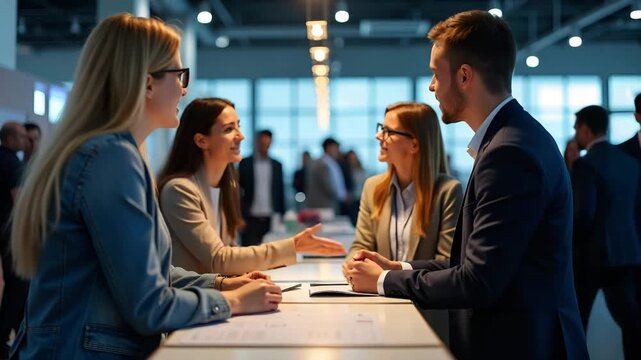 Excited students networking with recruiters at career fair booth under brightly lit exhibition hall showcasing internship and job opportunities. in  Photo Stock  Concept  and empty space on the left s