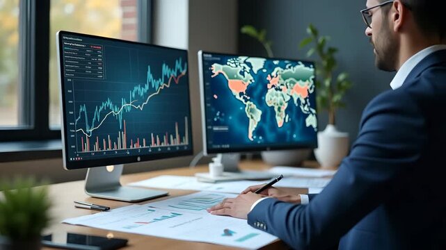 Economist publishing report on trade policy conflict trends in journal office surrounded by policy papers and interactive graphs on monitor in  Photo Stock  Concept  and empty space on the left side