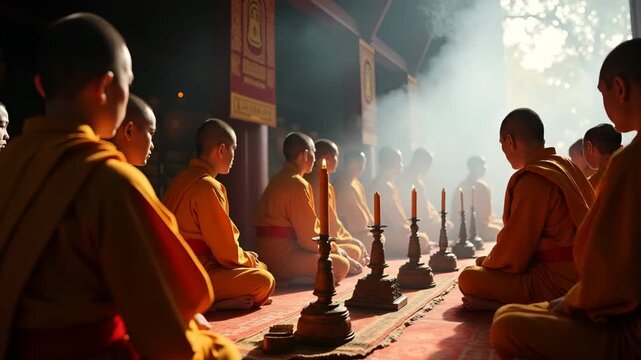 Documentary?style image of Buddhist monks in saffron robes conducting Obon memorial service in temple hall surrounded by incense smoke and ceremonial candlesticks in  Photo Stock  Concept  and empty s
