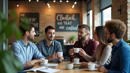 Casual after work gathering of friendly working team chatting over coffee in office break room decorated with plants and motivational quotes in  Photo Stock  Concept  and empty space on the left side