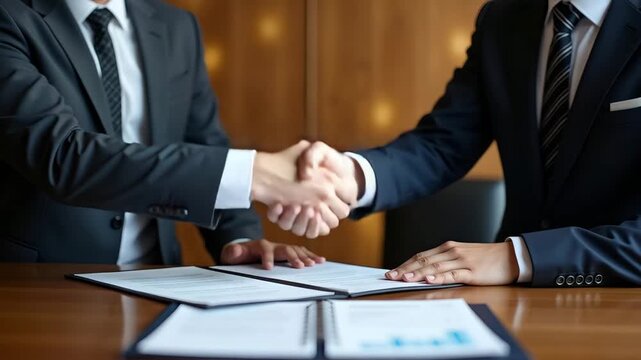 Diplomats shaking hands over trade agreement documents in formal negotiations room representing diplomacy and trade partnership forging in  Photo Stock  Concept  and empty space on the left side