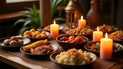 Formal composition of offering table for ancestral veneration ceremonial foods and candles meticulously organized reflecting cultural Obon practices in  Photo Stock  Concept  and empty space on the le