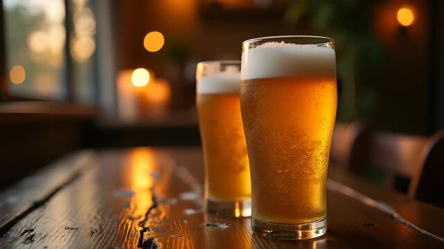 Intimate scene of two frosty beer glasses on wooden table set for romantic evening with soft candlelight glow and gentle bokeh of background lights in  Photo Stock  Concept  and empty space on the lef