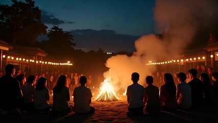 Nighttime Obon event panoramic shot of families gathering around illuminated altar offerings incense smoke thematic depth in  Photo Stock  Concept  and empty space on the left side