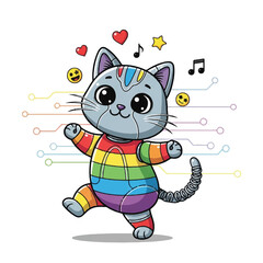 Adorable Robot Cat Dancing in Rainbow Outfit with Music Notes.