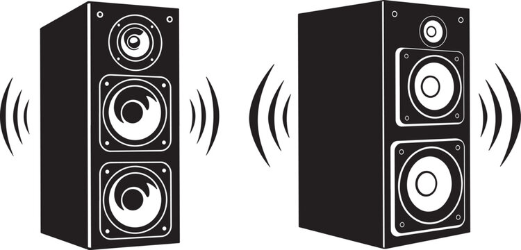 Two tall speaker towers sound waves silhouette