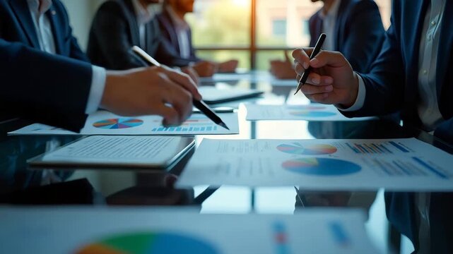 Global trade analysts convening around conference table analyzing economic crisis USA and US China dispute data charts to inform strategic trade decisions in  Photo Stock  Concept  and empty space on 