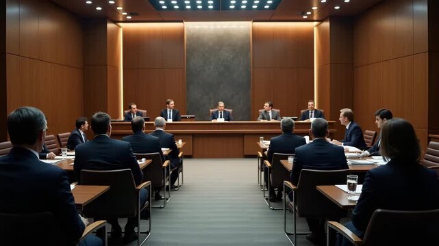 International arbitration panel convening to resolve major trade dispute between nations with legal teams presenting evidence in sleek courtroom setting in  Photo Stock  Concept  and empty space on th