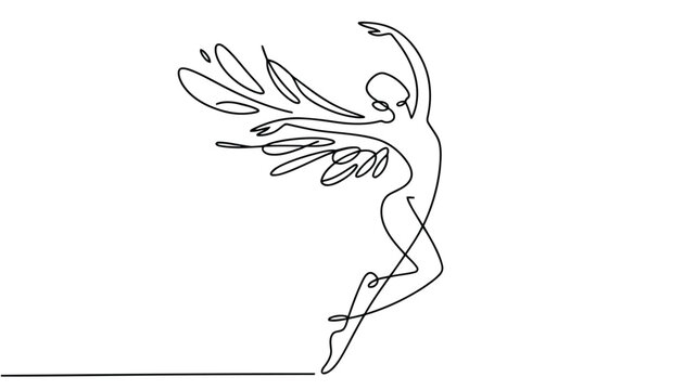 Single line drawing of a ballet dancer in motion with flowing abstract elements continuous line