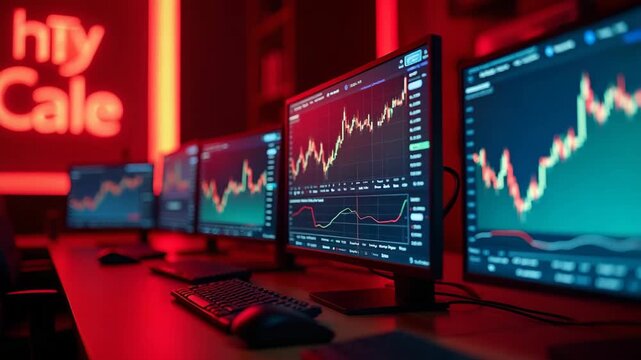Panoramic view of trading desk in red light ambiance with multiple screens displaying plunging equity curves and negative performance metrics in  Photo Stock  Concept  and empty space on the left side