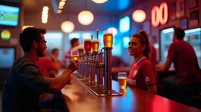 Vibrant sports bar ambiance showcasing row chilled beer taps patrons raising glasses team jerseys vivid matchday energy photograph in  Photo Stock  Concept  and empty space on the left side