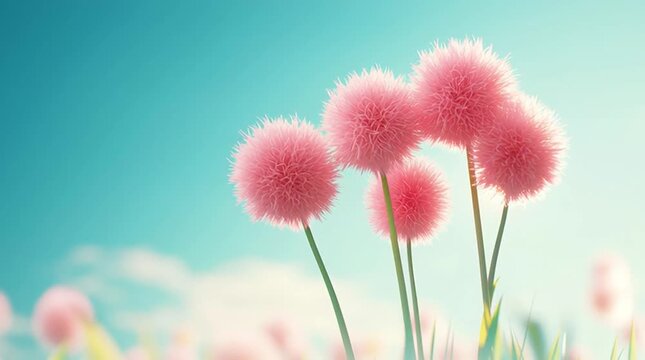 Whimsical Pink Fluffy Pom-Pom Flowers Against a Blue Sky.