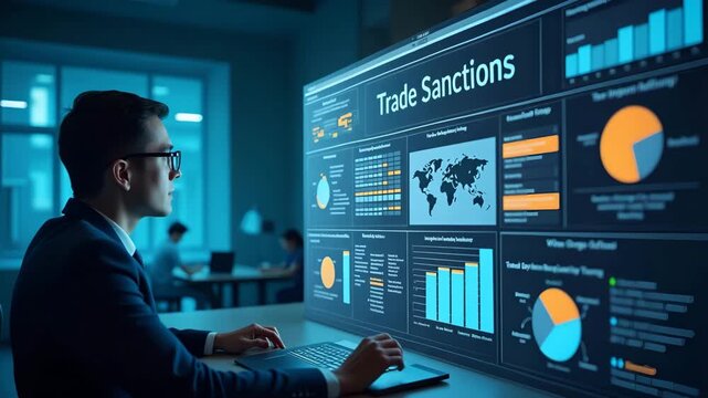 Compliance officers reviewing trade sanctions visual infographics on enterprise information portals updating embargoed entity lists and enforcement guidelines in  Photo Stock  Concept  and empty space