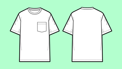 Oversized T-Shirt with Chest Pocket Flat Sketch - Front and Back