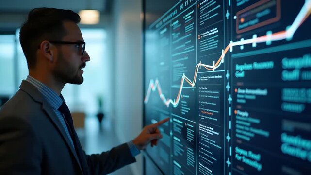 Business professional analyzing career success path roadmap on digital dashboard with visual milestones and development goals in modern office in  Photo Stock  Concept  and empty space on the left sid