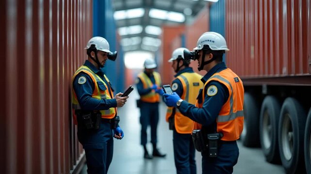 Detailed photograph of customs inspection area with officers examining cargo containers using handheld scanners heavy?duty equipment and safety gear in  Photo Stock  Concept  and empty space on the le